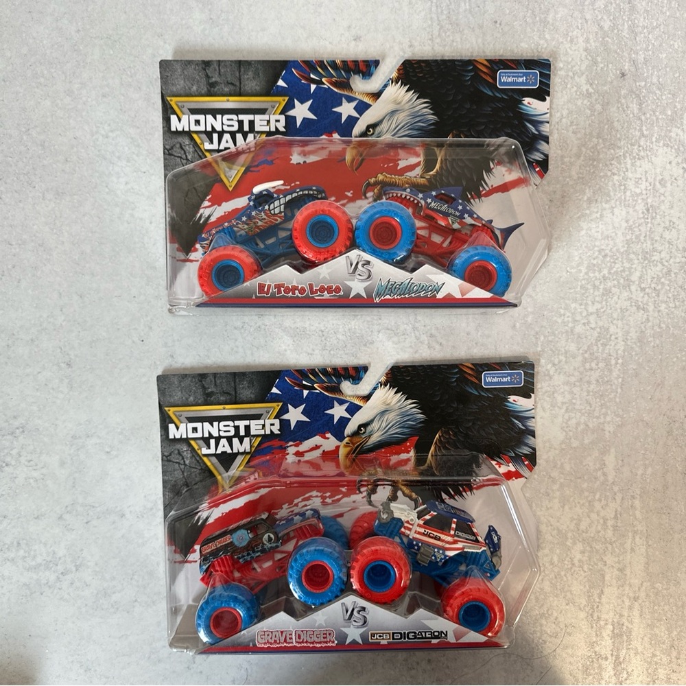 2025 Monster Jam Stars & Stripes Grave Digger, Megalodon, El Toro Loco, Digatron